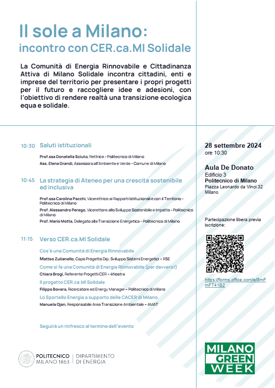 L'immagine è una locandina per un evento intitolato "Il sole a Milano: incontro con CER.ca.MI Solidale." L'evento è organizzato dal Dipartimento di Energia del Politecnico di Milano ed è parte della Milano Green Week.