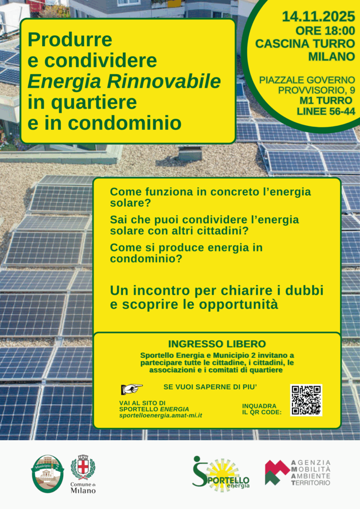 Produrre e condividere energia rinnovabile in quartiere e in condominio. Incontro al Municipio 2 - LOCANDINA